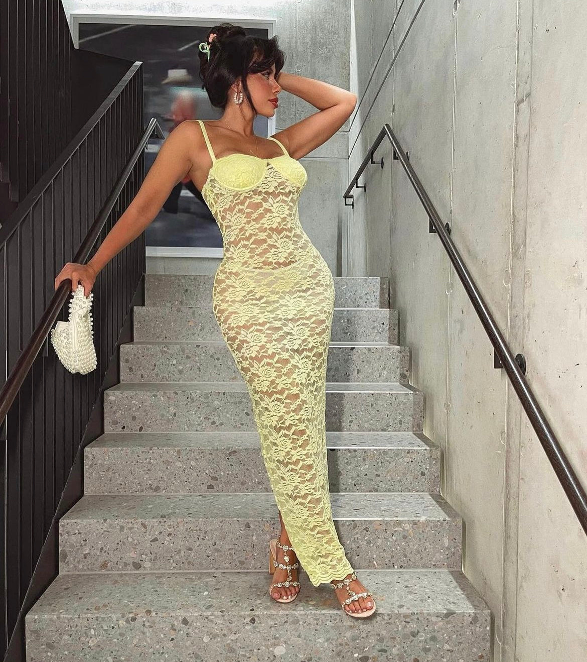 Mustard lace maxi dress best sale